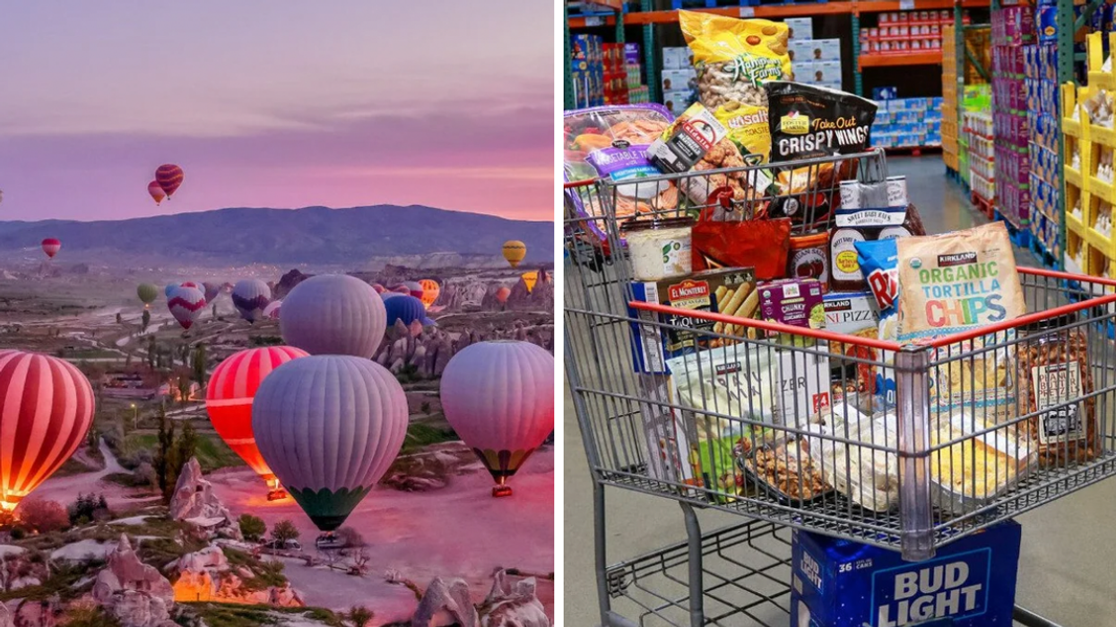 Türkiye's hot air balloon festival. Right: Shopping cart full of products from Costco.