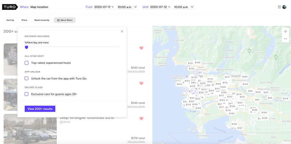 Turo website, map of Vancouver.