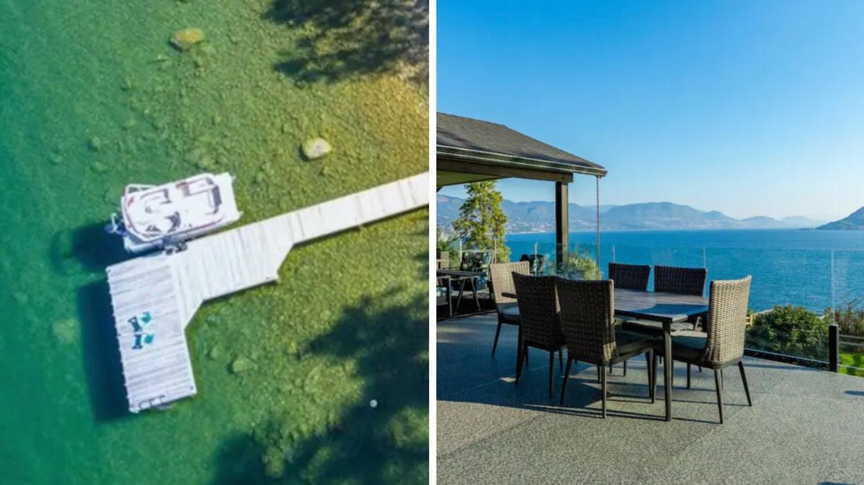 Turquoise blue water surrounding a dock in B.C. Right: An Airbnb patio overlooking the water.