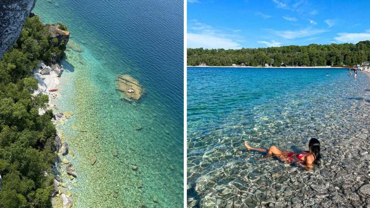 Turquoise water along a shoreline. Right: A person in crystal-clear water.