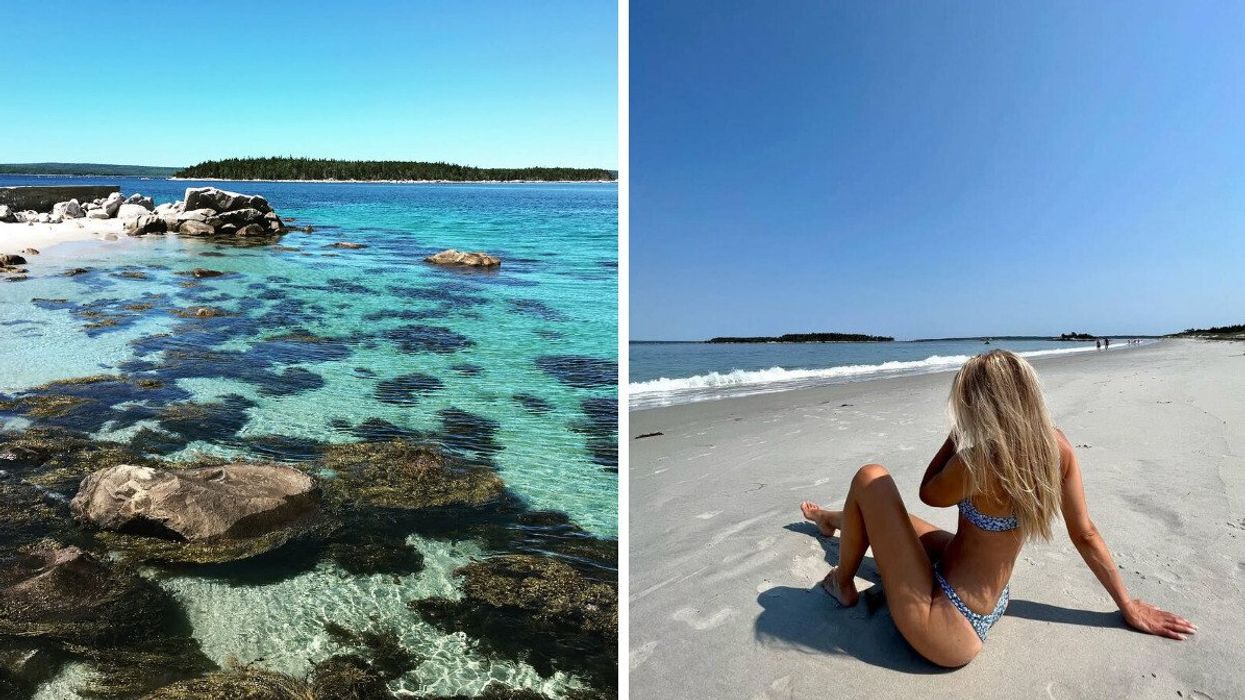 Turquoise water at a beach. Right: A woman sits on the sand of a beach facing the water.