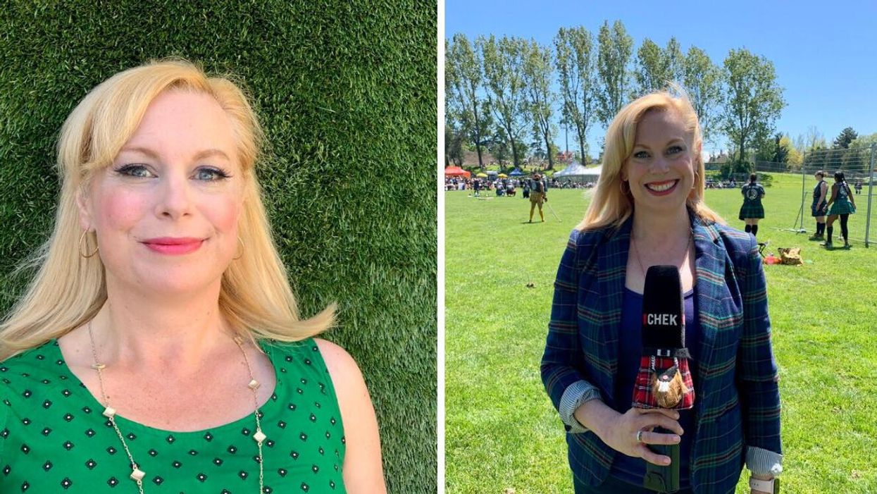 TV newscaster Tess van Straaten. Right: Tess van Straaten reporting for CHEK News.