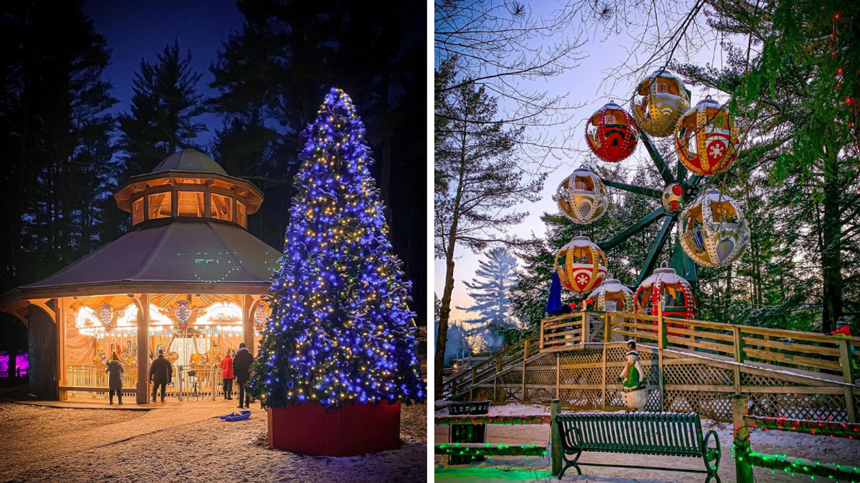 Twinkly carousel and giant Christmas tree. Right: Christmas themed Ferris wheel.
