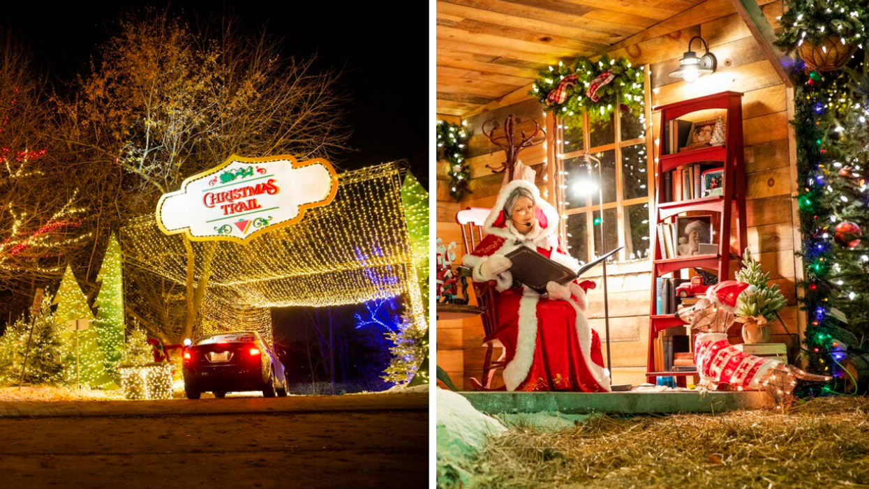 Twinkly lights at the Canadian Tire Christmas trail. Right: Mrs. Claus reading in a holiday display.
