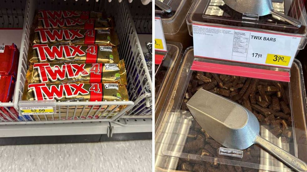 Twix bars at Dollarama. Right: Twix bars at Bulk Barn.