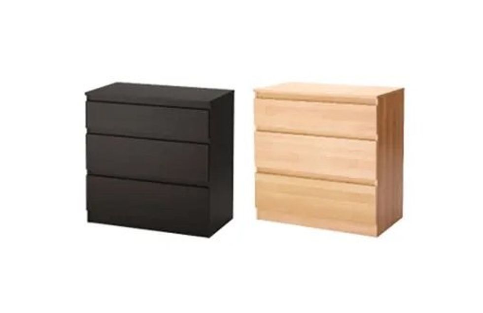 Two 3-drawer chests in black-brown and oak stains.