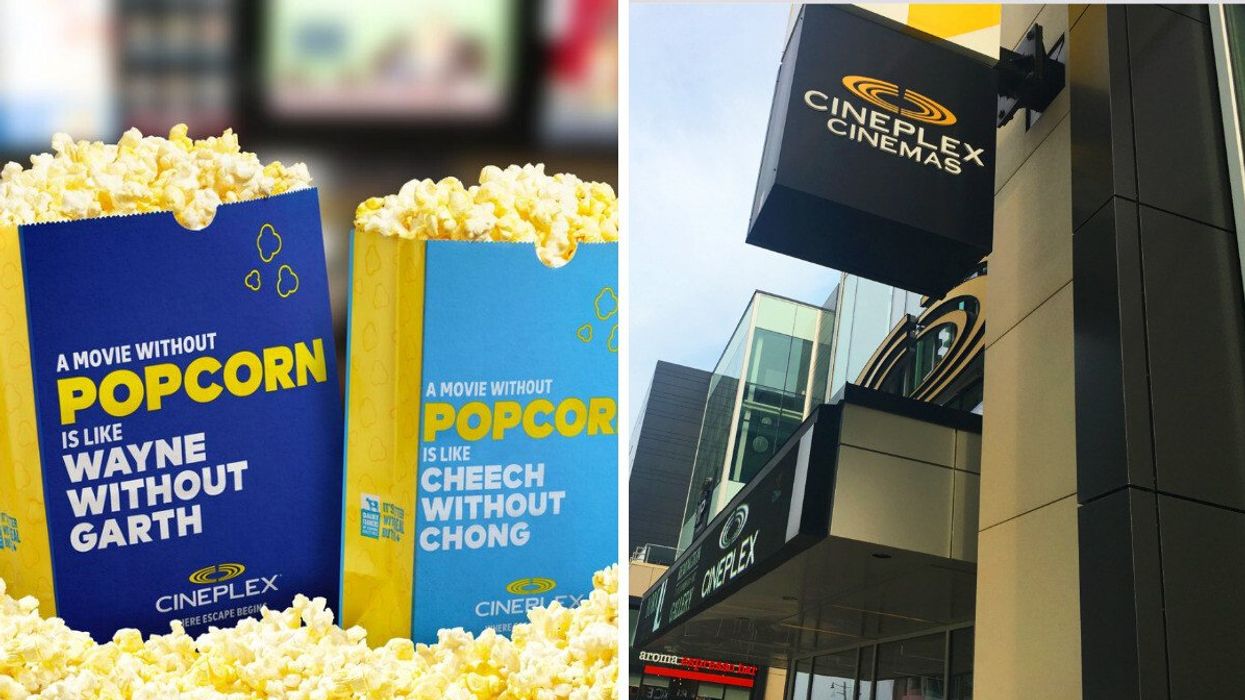 Two bags of popcorn filled to the top, in a bed of more popcorn. Right: A Cineplex Cinemas sign on the outside of a theatre from the street.