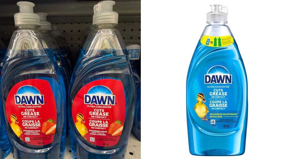 Two blue bottles with a red label on the front thay says DAWN and a picture of a yellow duck. Right: A bottle with blue liquid in it and a yellow duck on the front with a label that says DAWN.