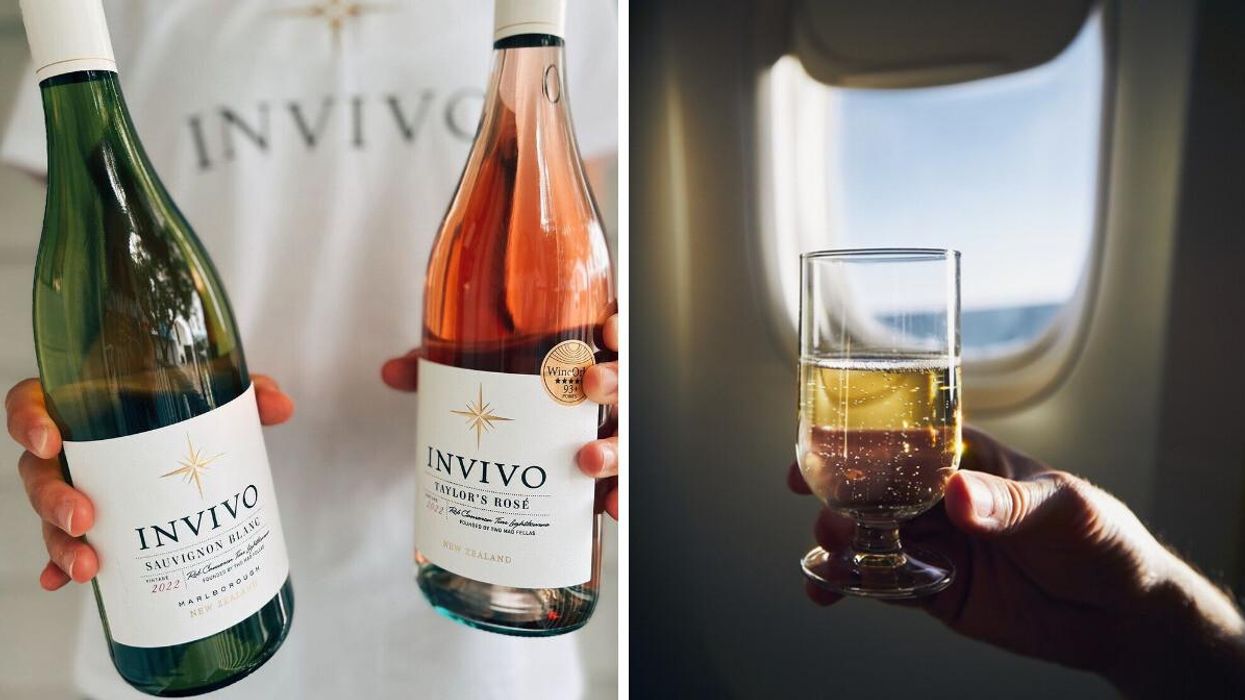 Two bottles of Invivo wine. Right: A man holding a glass of sparkling wine on a flight.