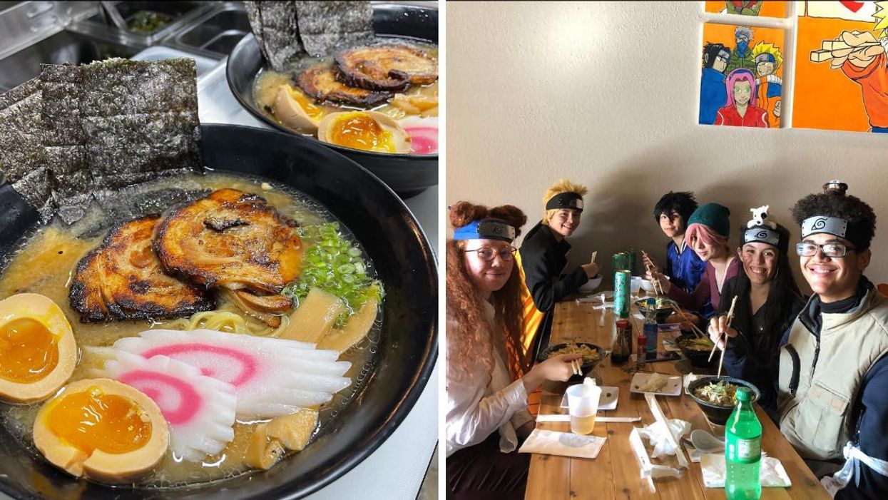 Two bowls of ramen with toppings. Right: A group of friends dressed as Naruto characters at the ramen shop.