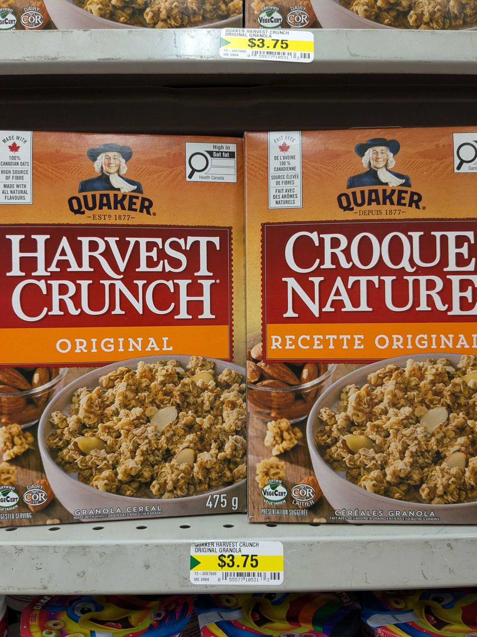 Two boxes of granola on a shelf at Dollarama
