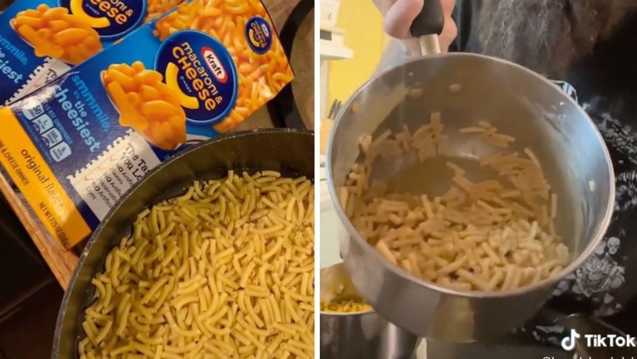Two boxes of Kraft Dinner and noodles in a pot. Right: Kraft Dinner in a pot cooked with chocolate milk.