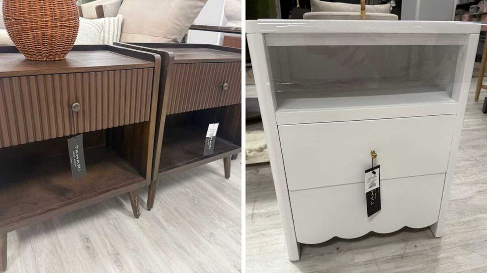 Two brown side tables for sale. Right: A white side table with two drawers at a store.