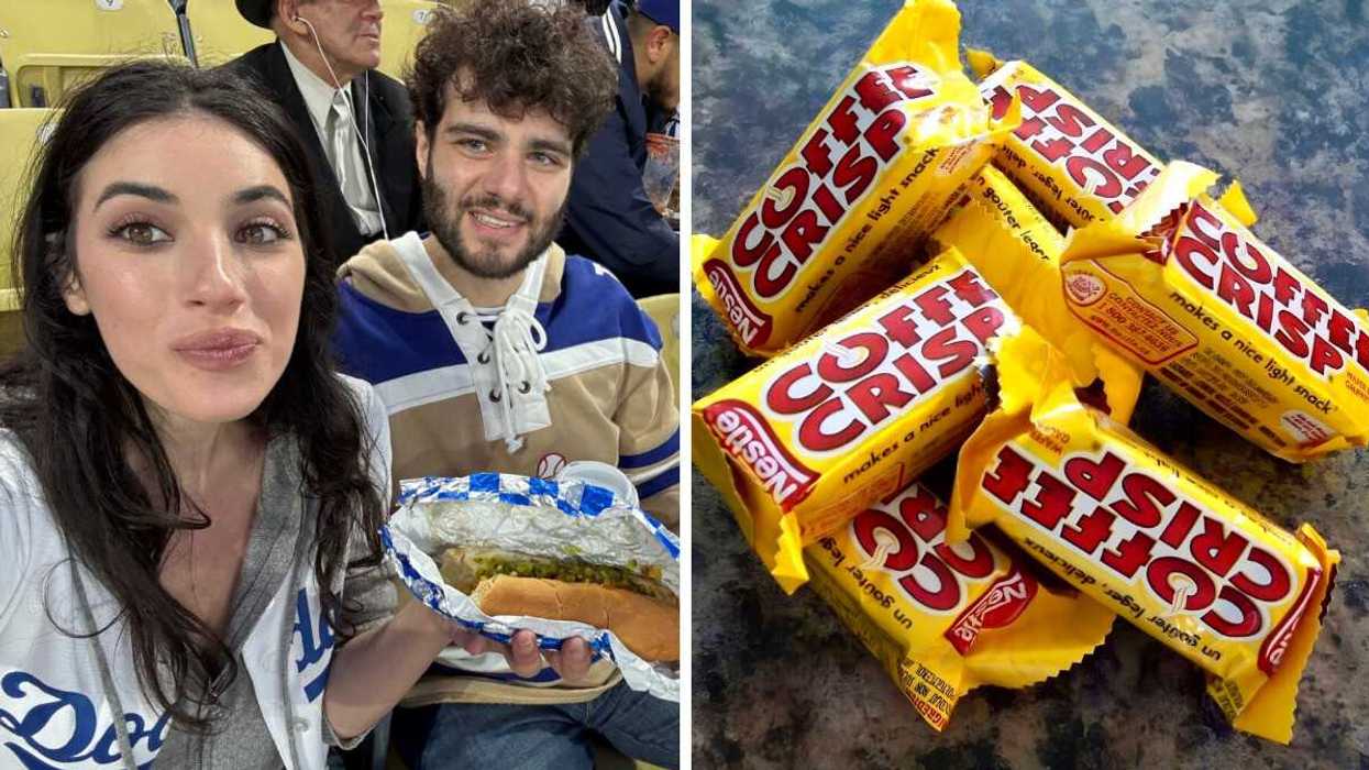 Two Canadians posing with hot dog in selife at LA Dodgers game with yellow seats behind them. Right: Red and yellow mini coffee crisp bars on black and browngranite counter.