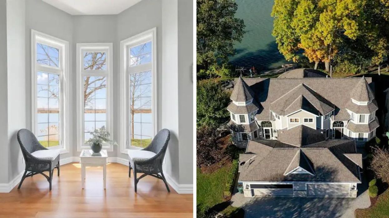 Two chairs by a window with water views. Right: Large home on the water.