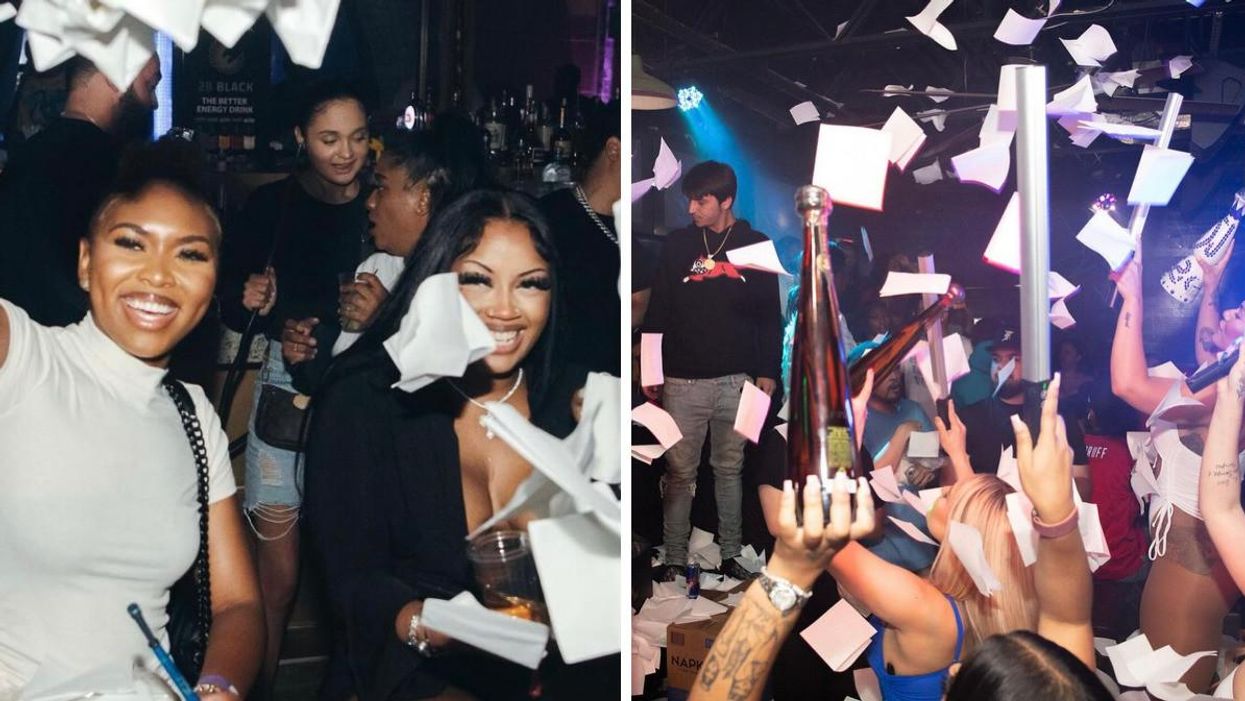 Two club patrons throwing napkins. Right: Napkins raining down on the club.