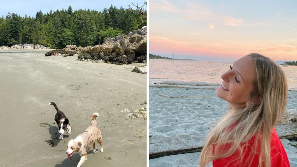 Two dogs on Tonquin Beach. Right: A woman on a beach.