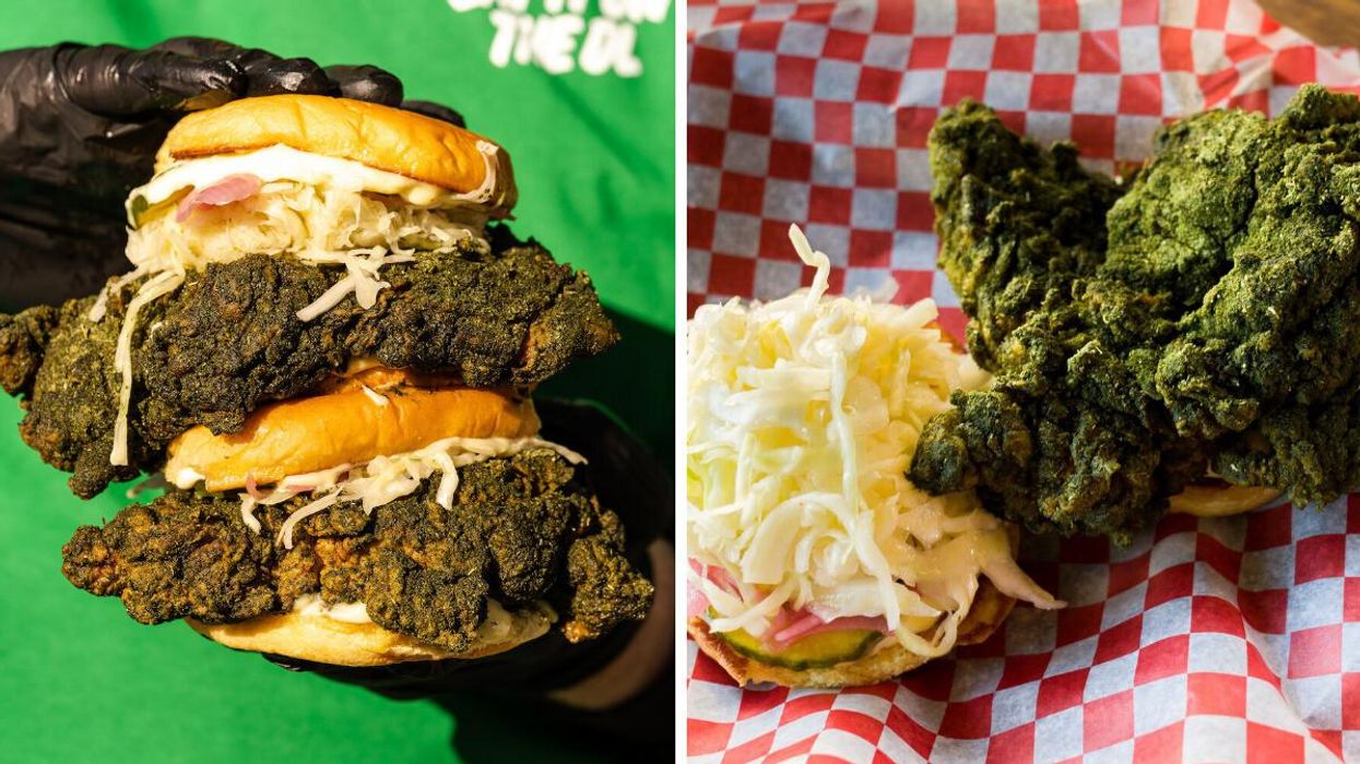 Two Downlow fried chicken sandwich features being held up to the camera.