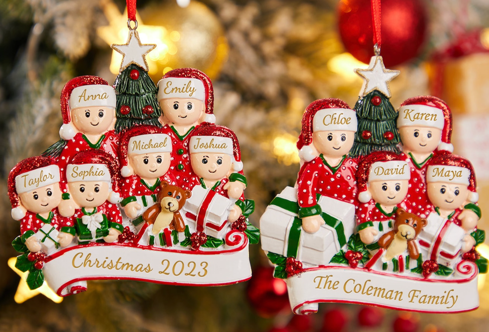 Two family Christmas ornaments showing several members of a family together.