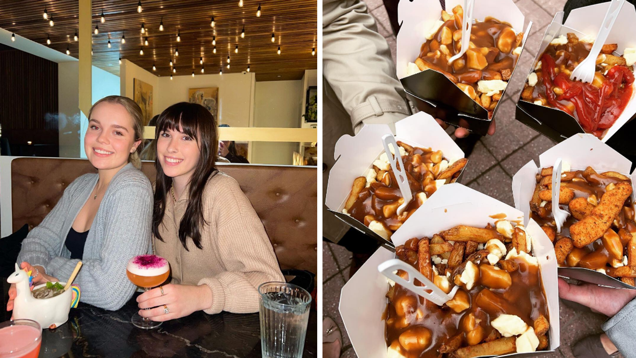 Two friends having cocktails at Drip House. Right: Poutine from food trucks in Ottawa.