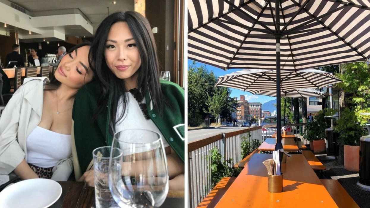 Two friends pose at a Vancouver restaurant. Right: An exterior view of Vancouver's Sing Sing bar's outdoor patio.