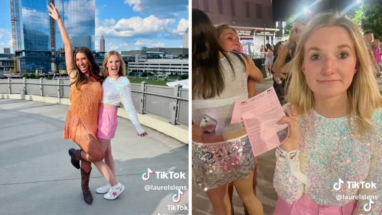 Two girls at the Taylor Swift concert. Right: A woman holding an eviction slip.