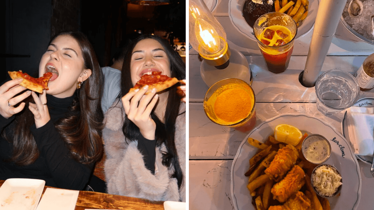 Two girls eating pizza. Right: A patio dinner