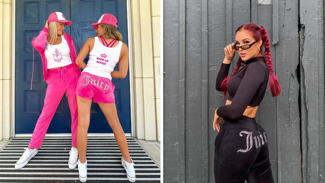 Two girls in a Juicy track suit. Right: One girl in a Juicy track suit.