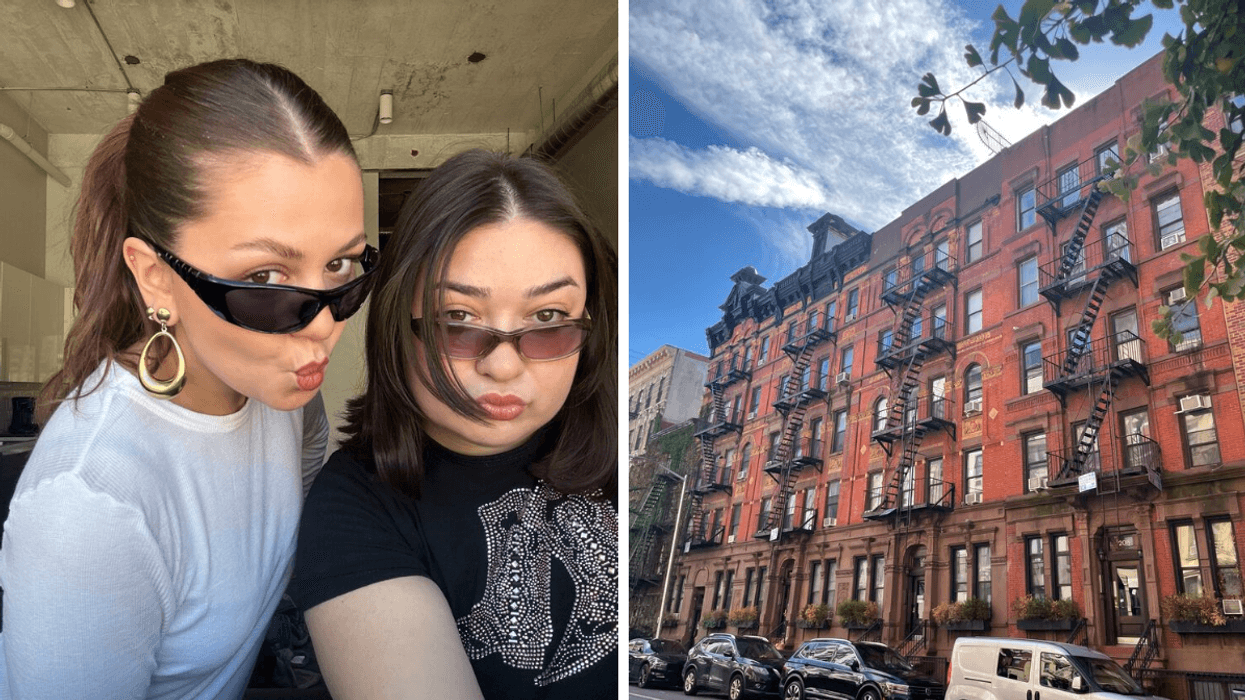 Two girls in sunglasses. Right: Red brick apartment building