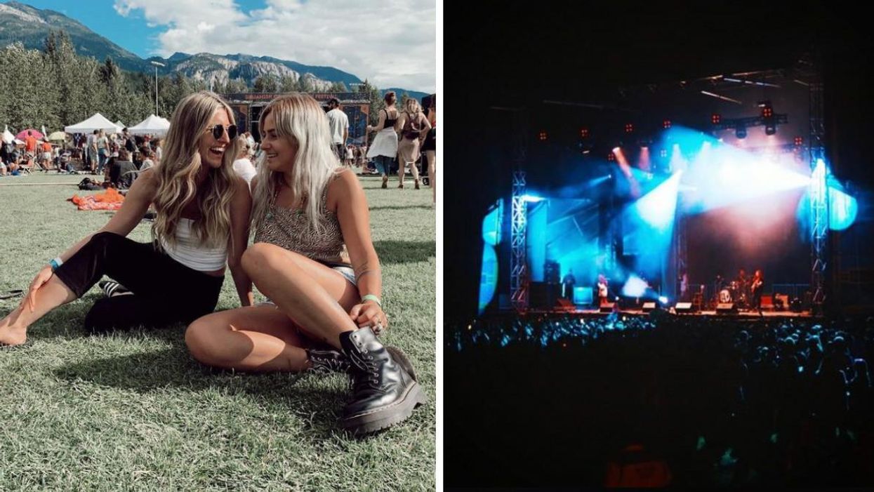 Two girls laughing at the festival. Right: Concert lights in the dark at the festival.
