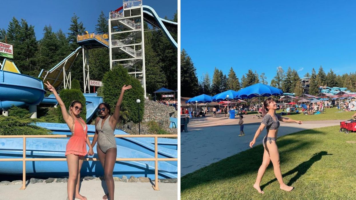 Two girls posing at the waterpark. Right: A girl walking through the waterpark.