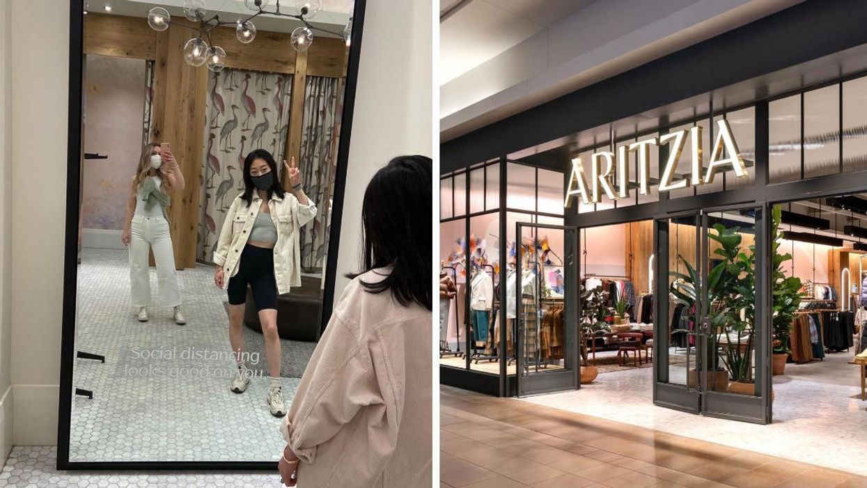 Two girls posing in a mirror in Aritzia. Right: The front of an Aritzia store.