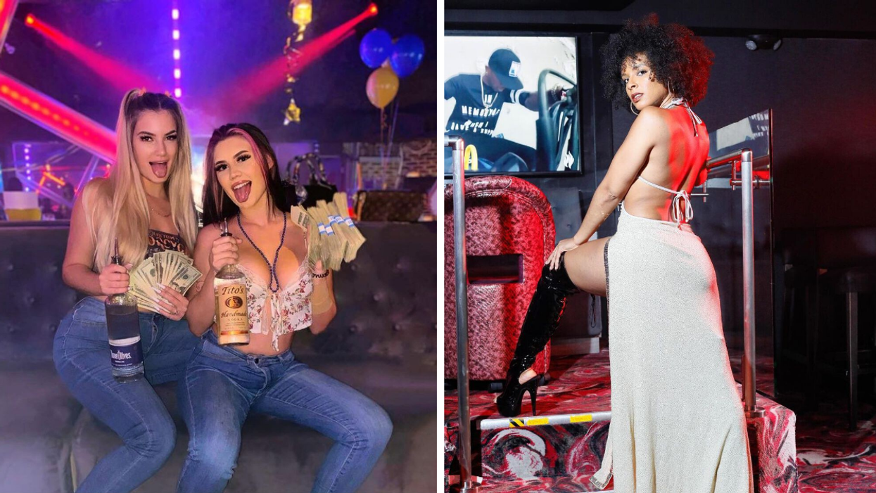 Two girls with vodka bottles and money in their hands at the adult nightclub. RIght: An exotic dancer at the nightclub.