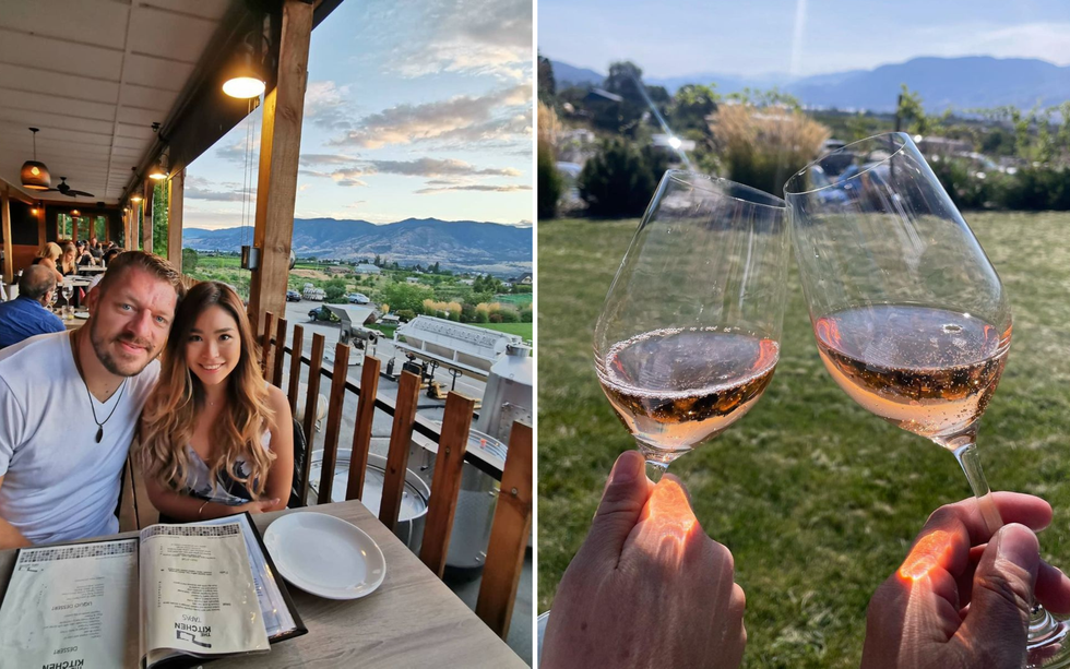 Two guests at The Kitchen by Abul Adame. Right: Two glasses of Da Silva ros\u00e9 in the sunshine.