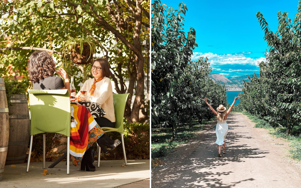 Two guests share wine under trees on a patio. Right: A visitor walks through Elephant Island Orchard Wines.