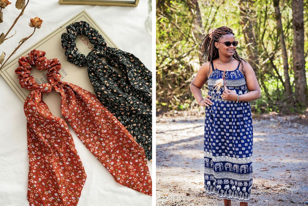 Two handmade scrunchies on a display table. Right: Terana Boutique owner, Grace Kyomugisha Perry, wearing a sundress and sunglasses, smiles at the camera with sand and trees in the background.