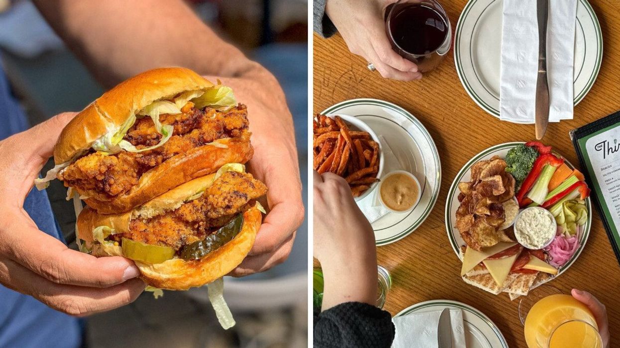 Two hands hold a giant chicken burger from Holly's Hot Chicken. Right: A table laid out with share plates and drinks.