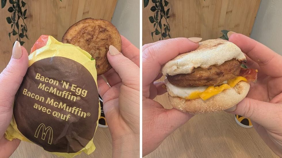 Two hands holding a Bacon 'N Egg McMuffin and a single griddle cake. Right: A Bacon 'N Egg McMuffin with a griddle cake inside. 