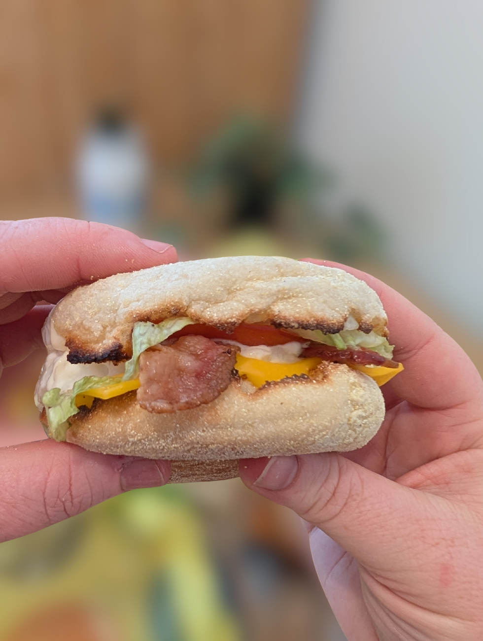 Two hands holding a McDonald's Egg BLT McMuffin.