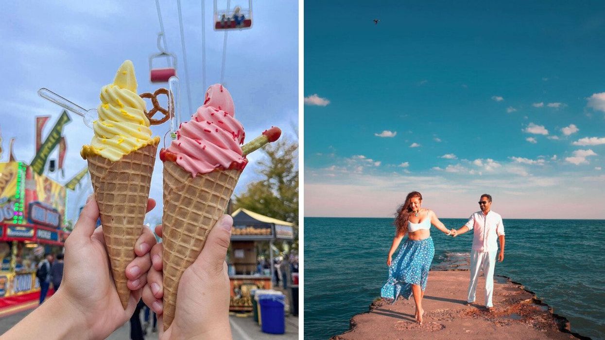 Two hands holding ice cream cones. Right: Two people by the water.