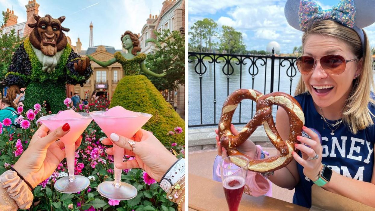 Two hands holding pink drinks in martini glasses at Walt Disney World. Right: A woman with a large pretzel and drink at Walt Disney World.