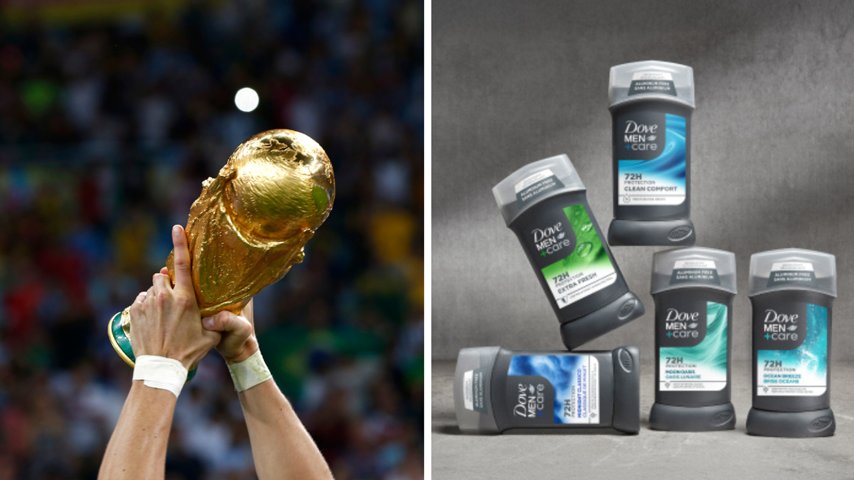 Two hands holding the FIFA trophy up in front of a crowd. Right: Five Dove deodorant sticks.