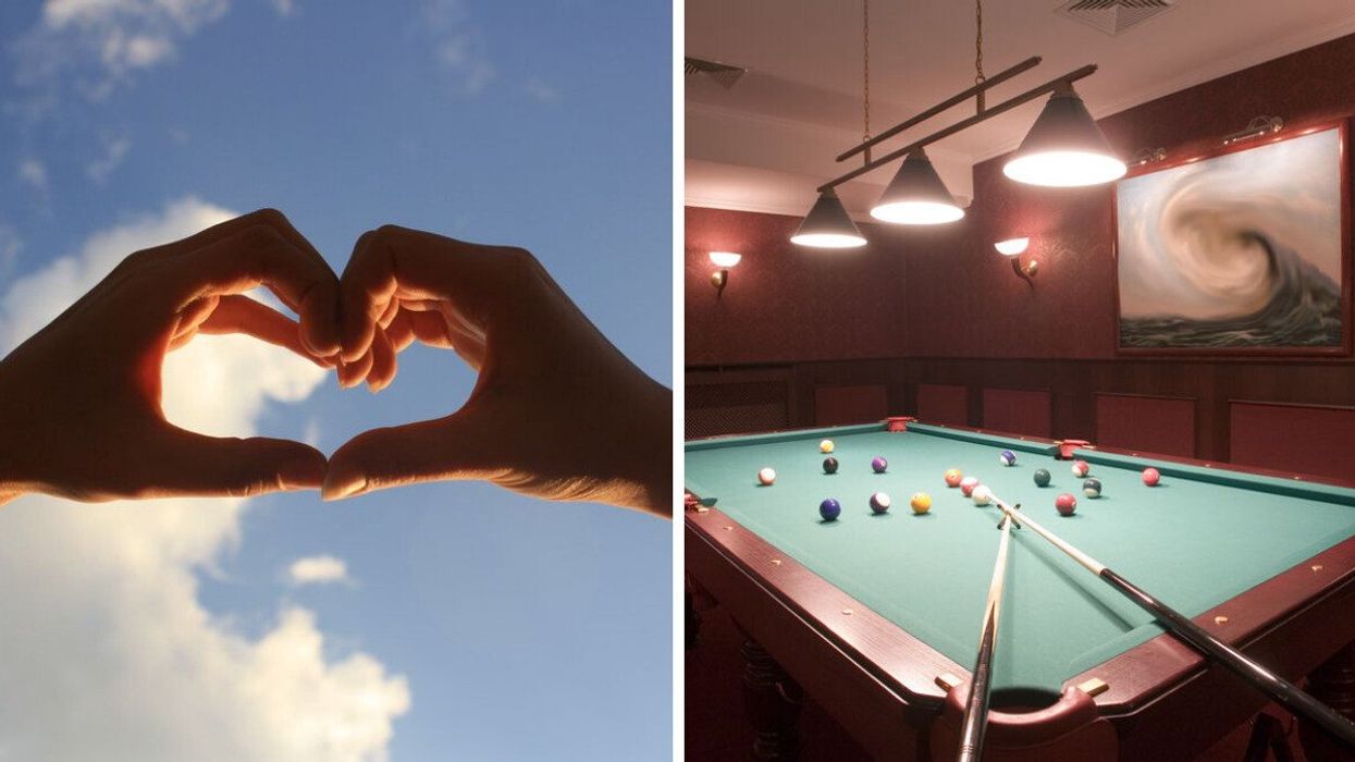 Two hands making a heart in the clouds. Right: A pool table.