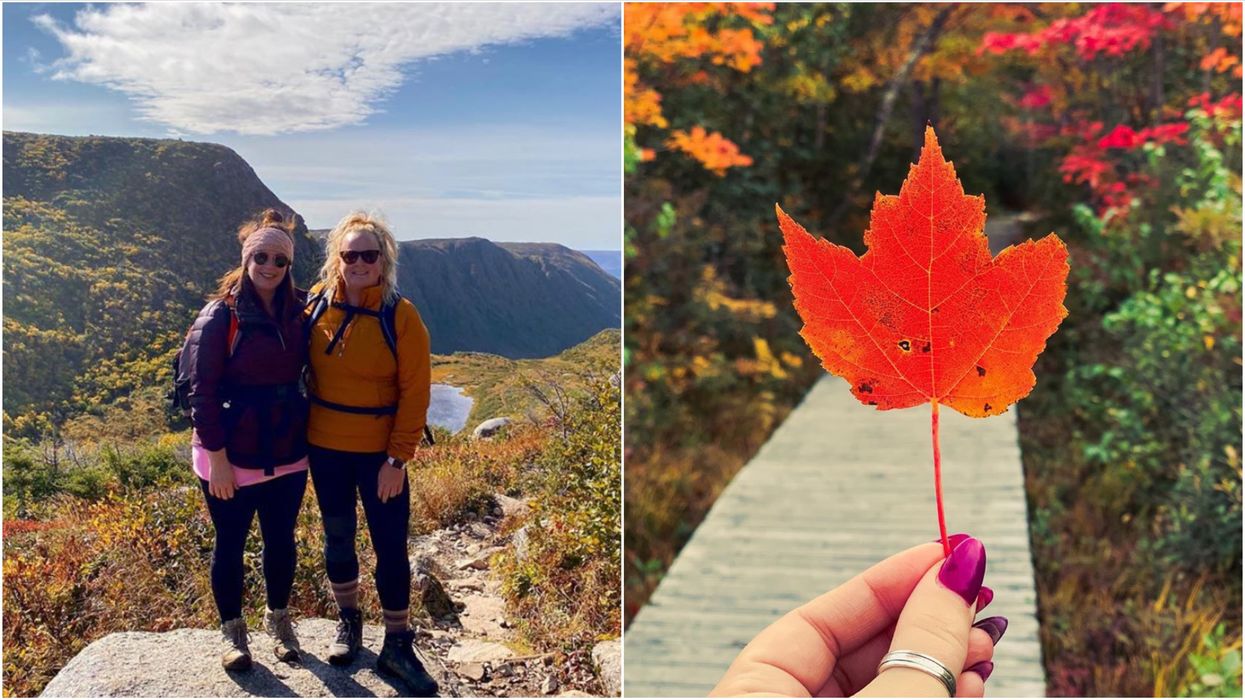 Two hikers at Gros Morne National Park. Right: A red leaf photographed at Kouchibouguac National Park.