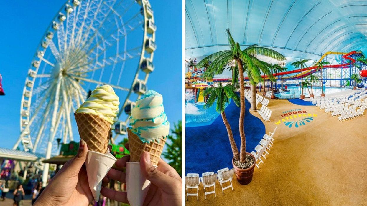 Two ice cream cones by a Ferris wheel. Right: An indoor waterpark with palm trees.