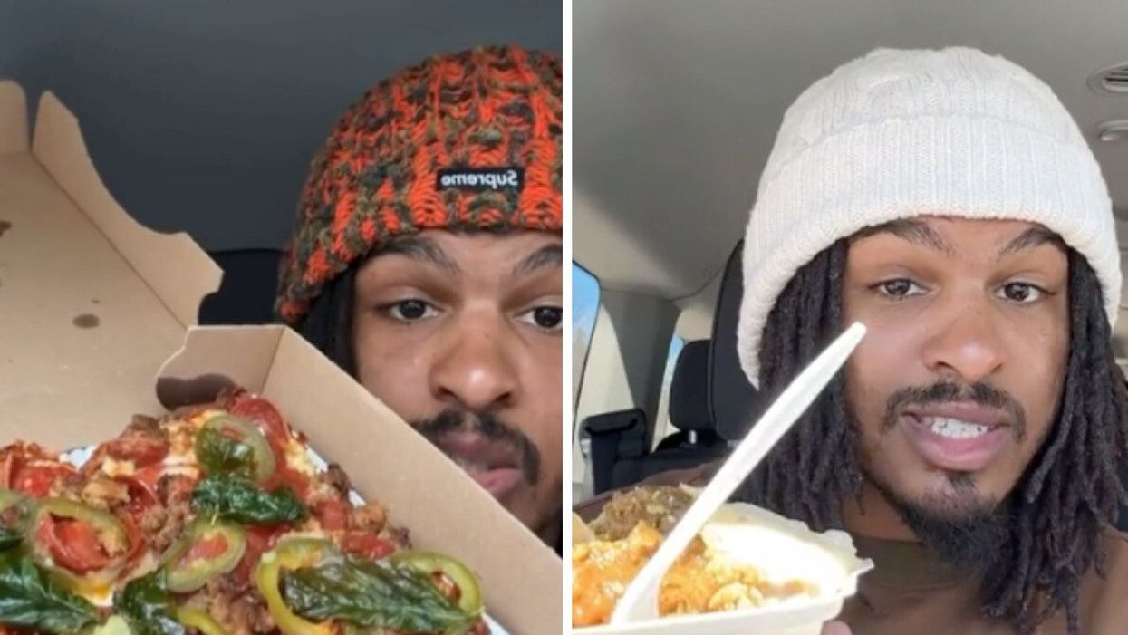 Two images of food critic Keith Lee showing off food to the camera.