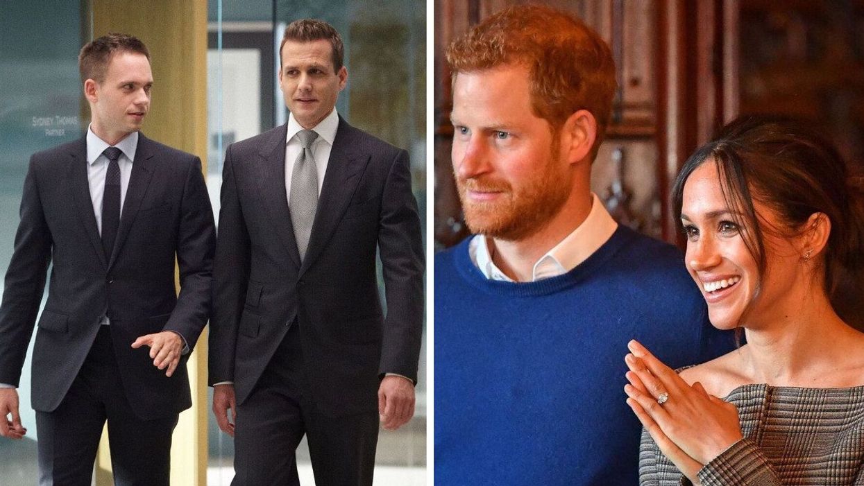 Two men in suits. Right: A man and woman smiling and looking to the side.