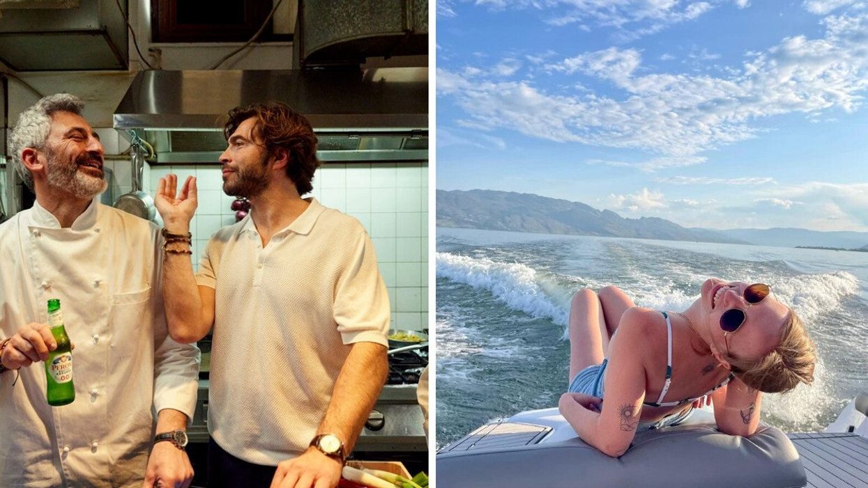 Two men laugh in a restaurant kitchen. Right: A woman reclines on the back of a boat.