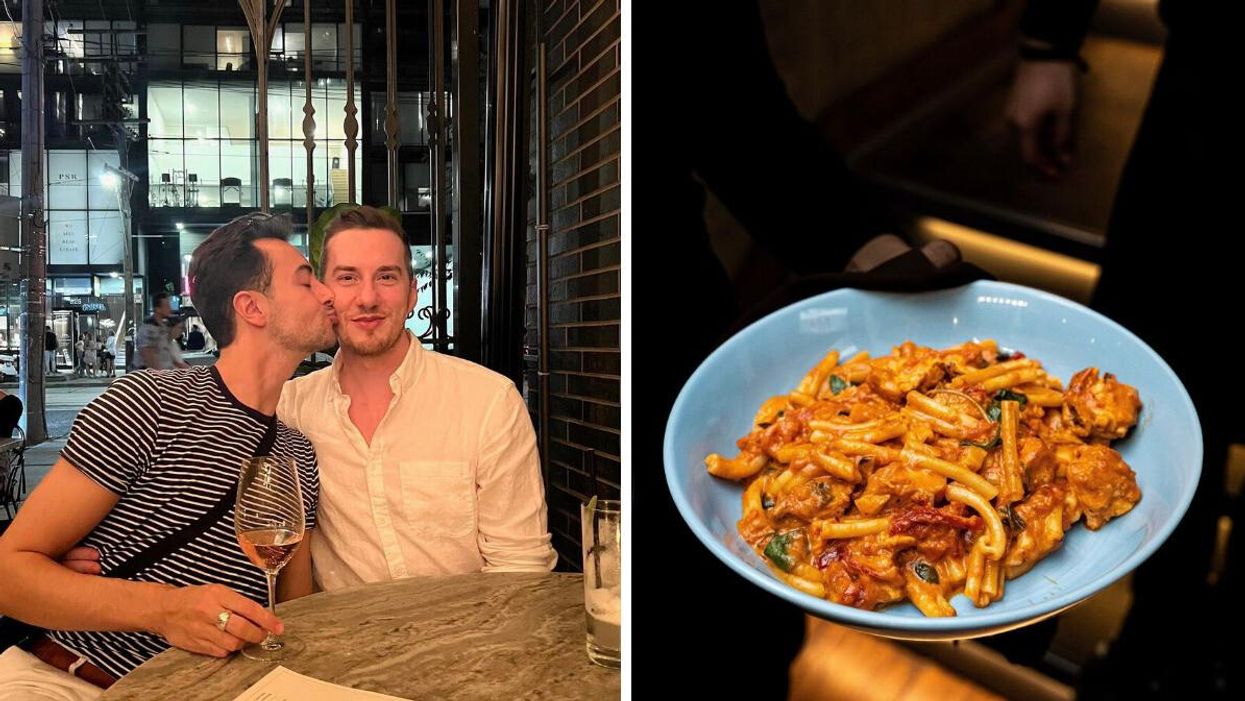 Two men sitting at a table. Right: A bowl of pasta.