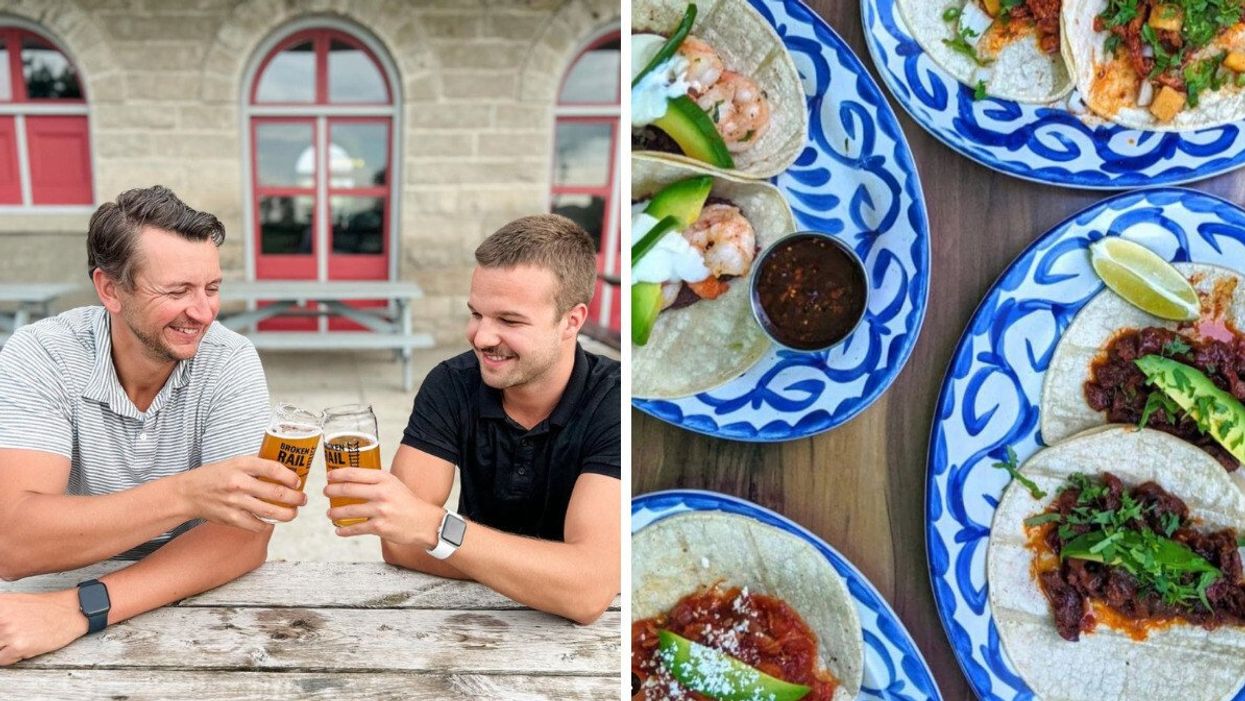 Two men sitting on a bench cheersing two glasses of beers. Right: A table full of blue and white plates and tacos like shrimp and beef.